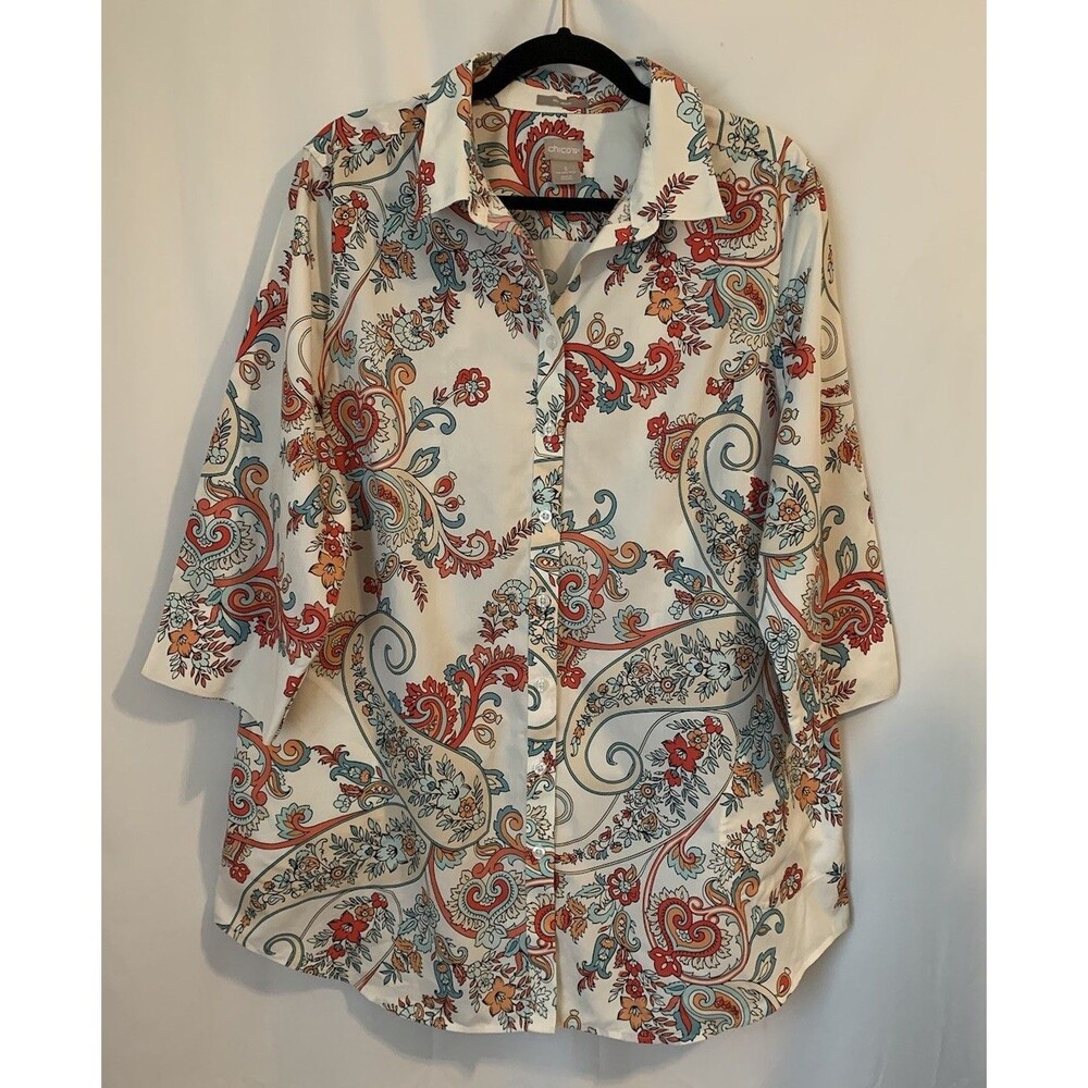 Chicos Size 3 Womens XL No Iron Cotton Paisley Button Front Blouse Classic